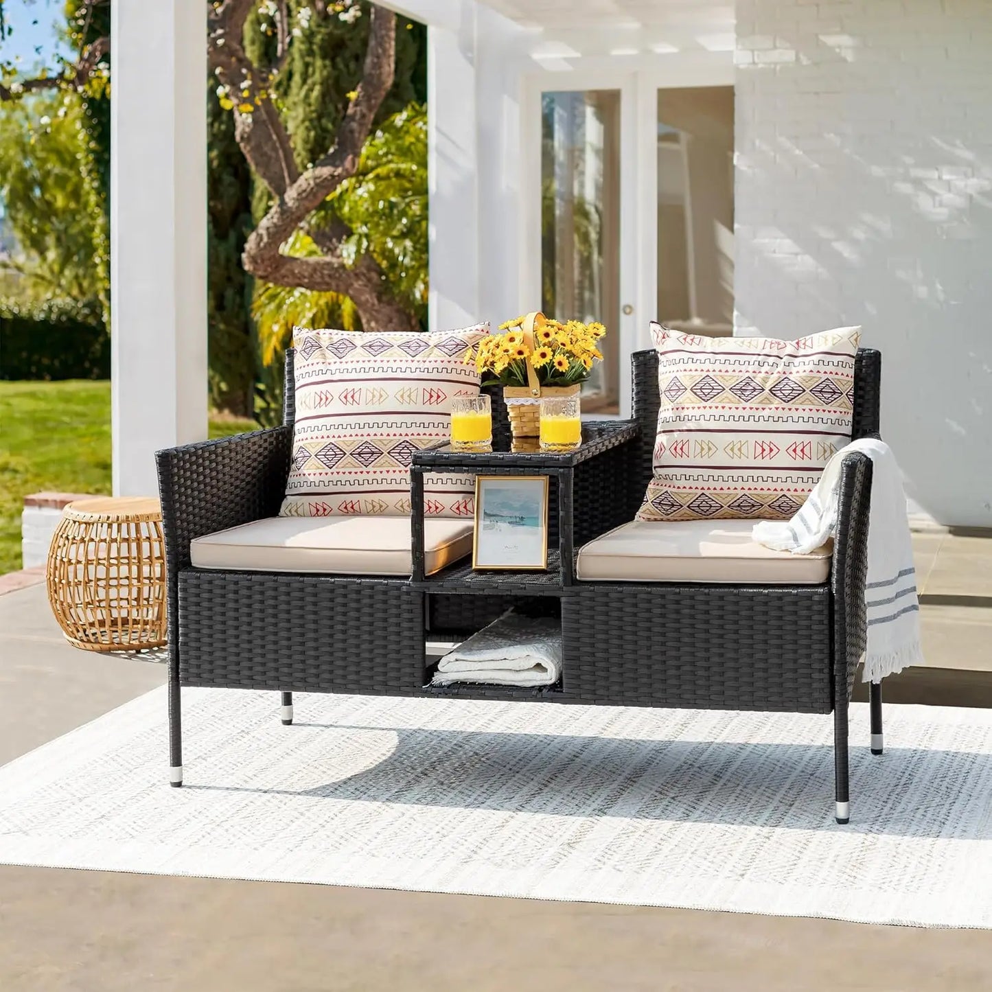 Folded Outdoor Patio Loveseat Modern Rattan 2 Seat Table Set