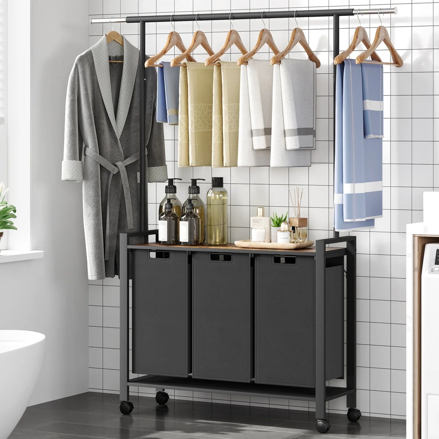 HiMISSCN Laundry Sorter With Extendable Bar And Wheels