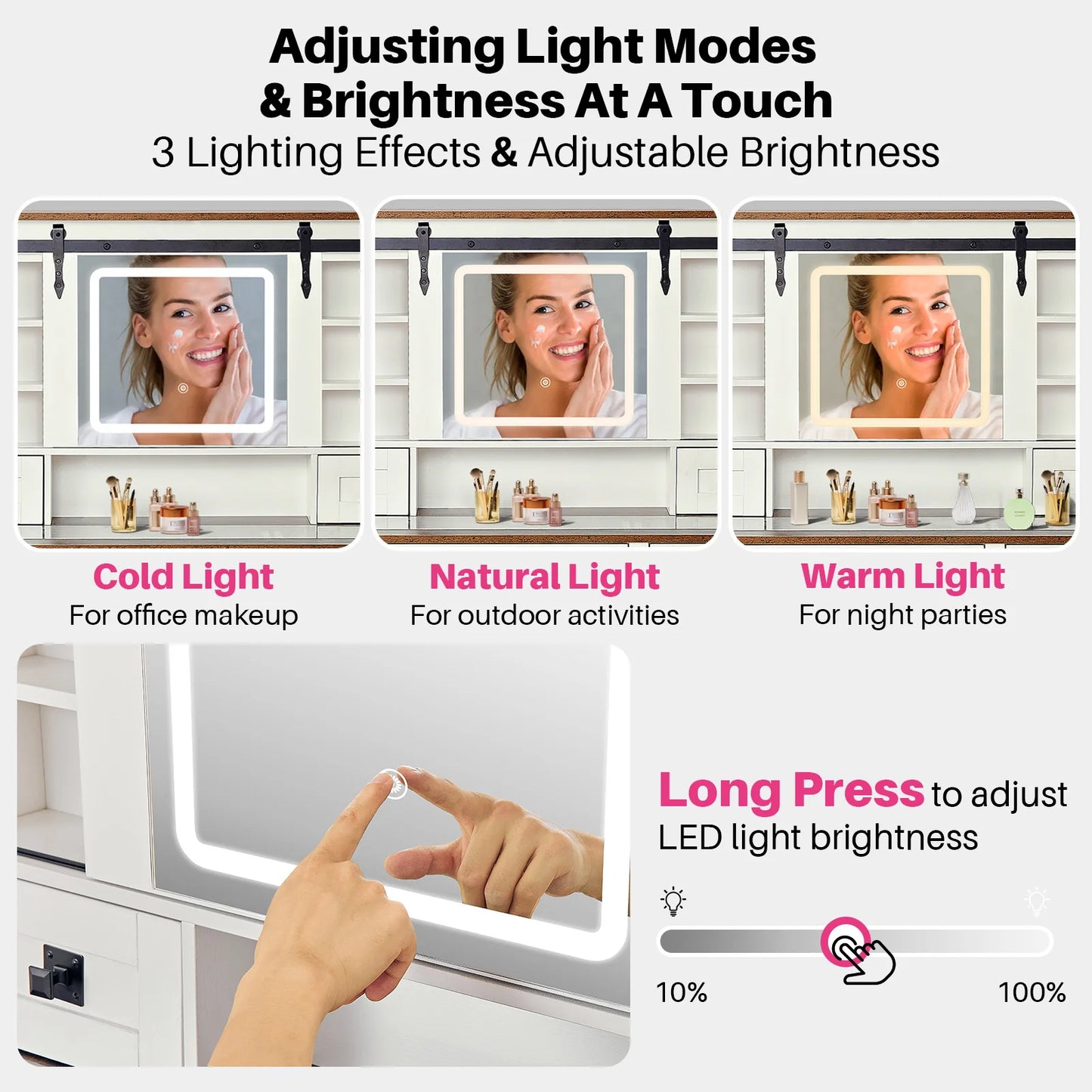 Redlife Farmhouse Vanity Desk Glass Tabletop Stool Lights