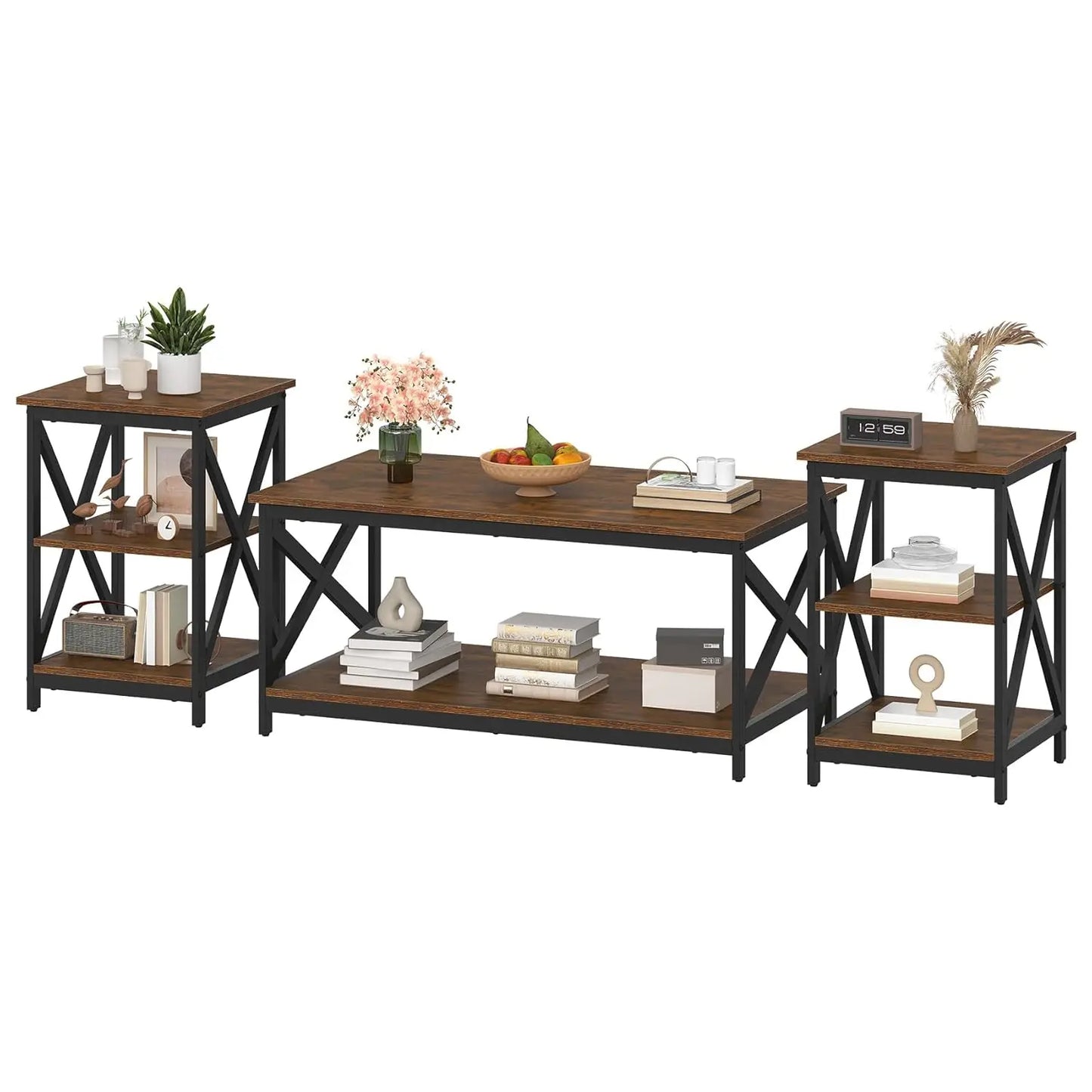 Industrial X-Design 3-Piece Coffee Table Set With End Tables