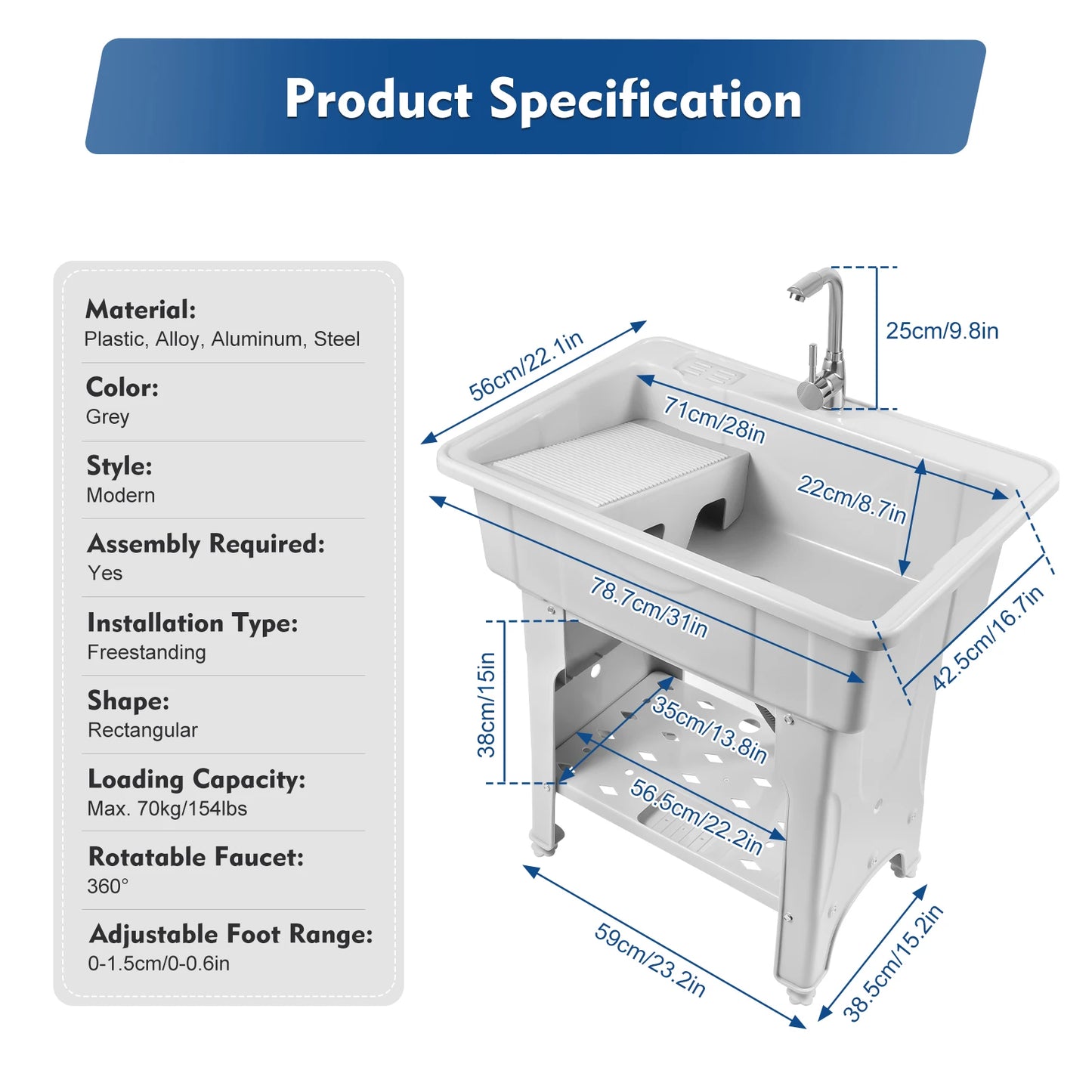 Multifunctional PP Laundry Sink With Complete Accessories