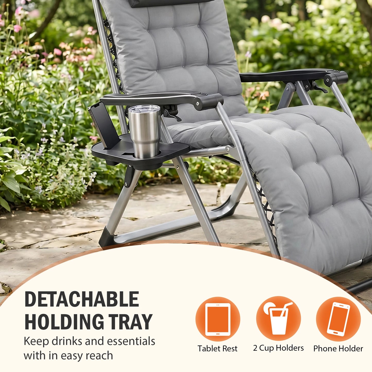JHK Zero Gravity Outdoor Camping Lounge Chair With Cup Holders