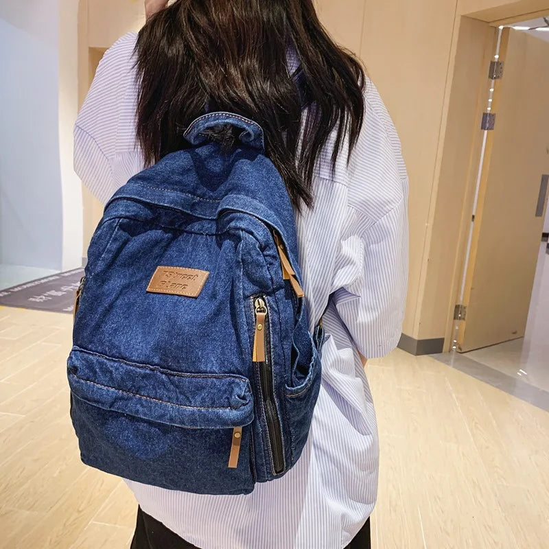 NONECN Denim School Backpack With Multiple Pockets And Large Capacity