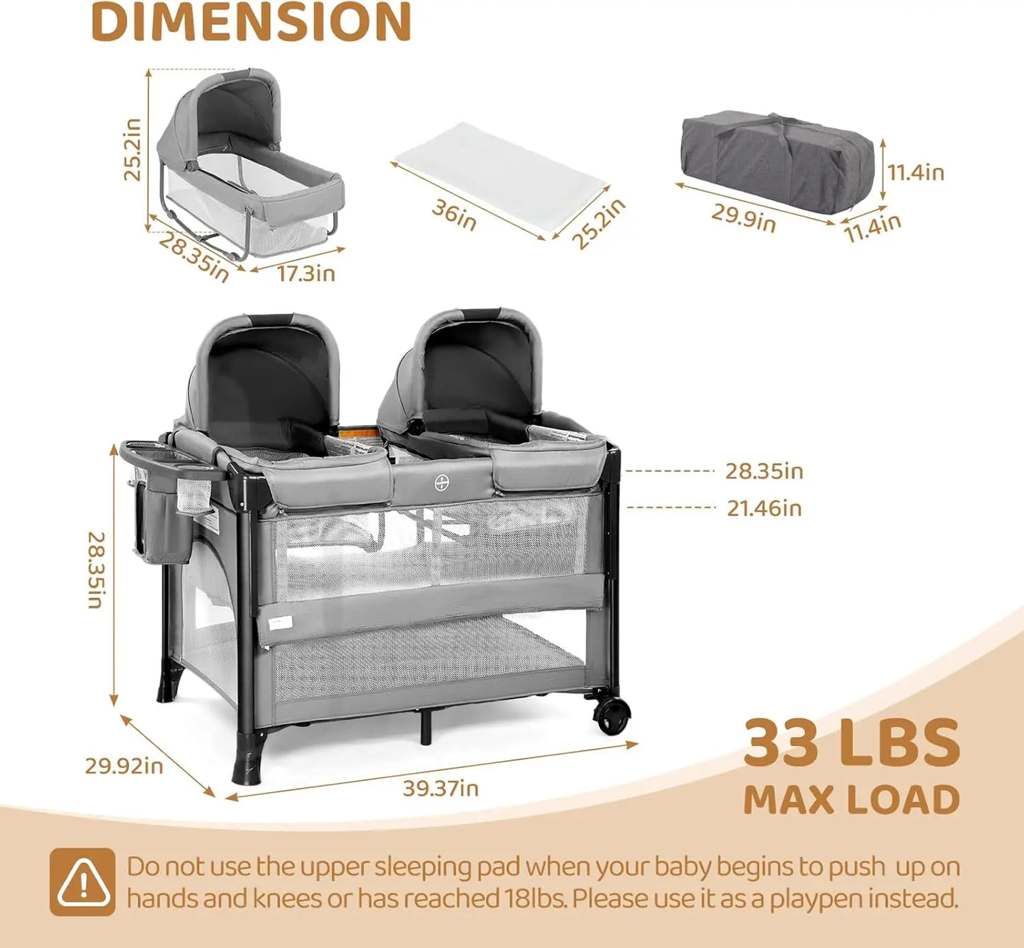 Baby Bedside Bassinet Sleeper Convertible to Playpen With Wheels