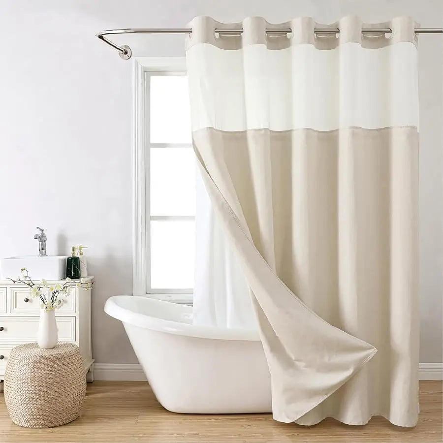No Hooks Polyester Textured Shower Curtain With Snap-In Fabric Liner