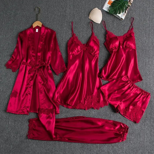 Ice Silk Sleepwear Set For Women V-Neck Long Sleeve Homewear