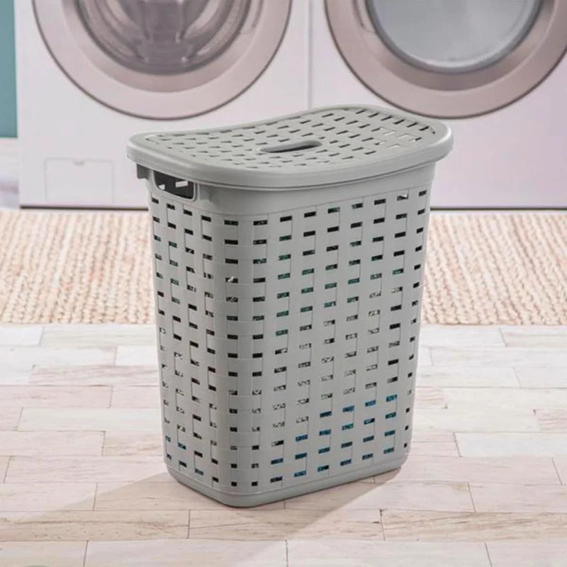 Portable Slim Plastic Wicker Style Laundry Hamper With Lid
