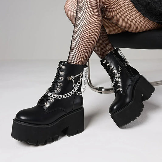 DoraTasia Gothic Ankle Boots Platform Chunky Heel With Chain