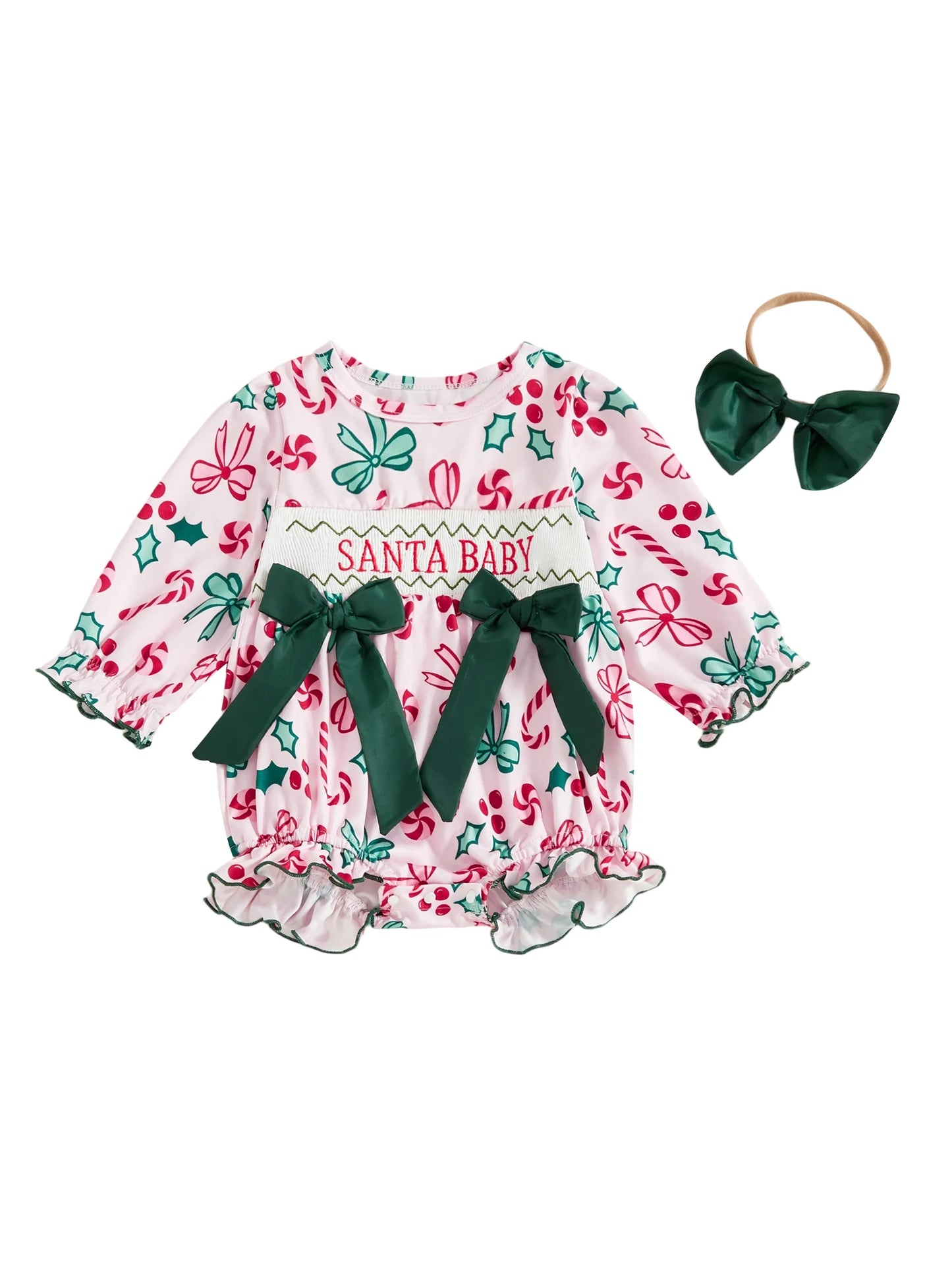 Infant Girl 3 Piece Winter Bodysuit Pants Headband Set