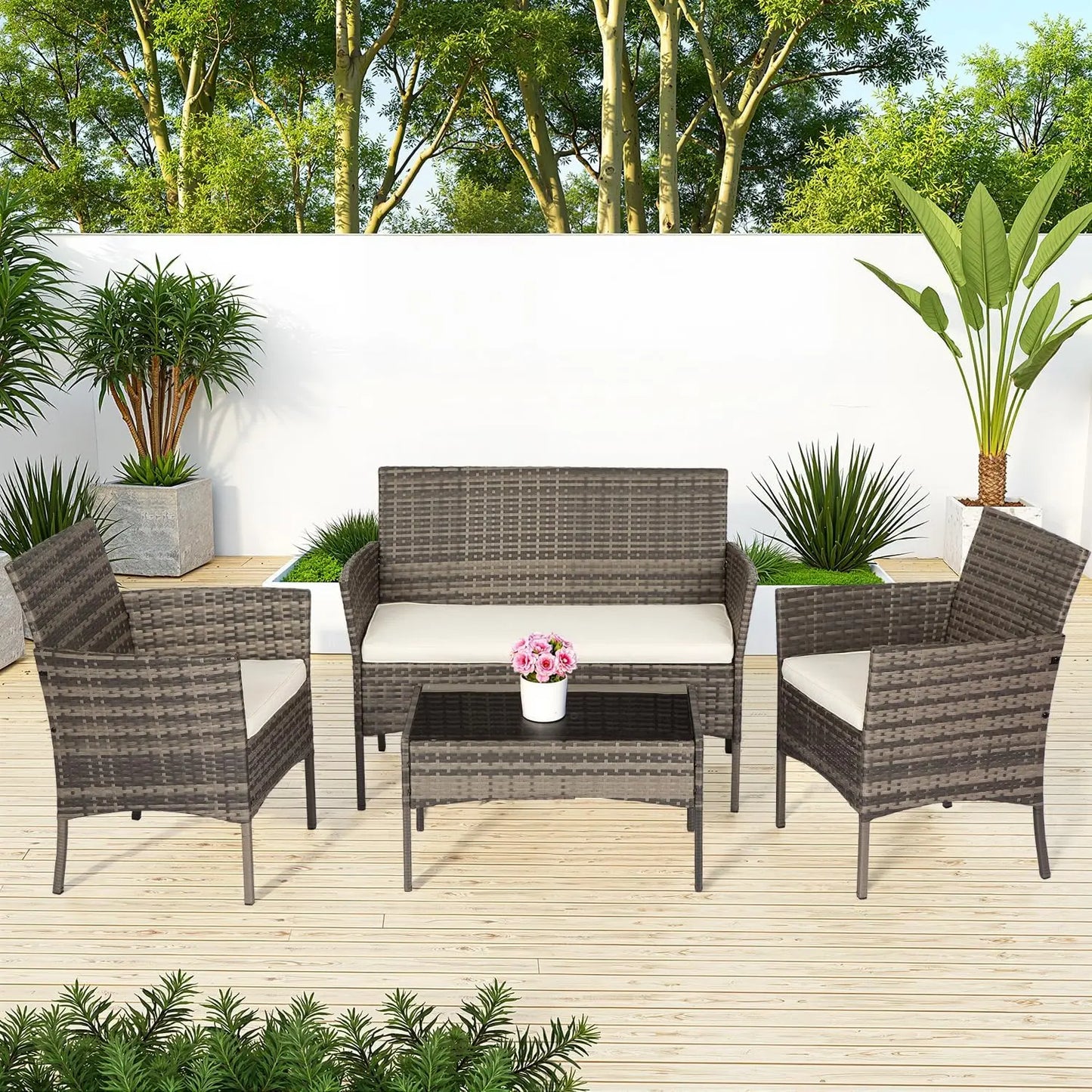 PE Rattan Patio Furniture Set With Loveseats And Coffee Table