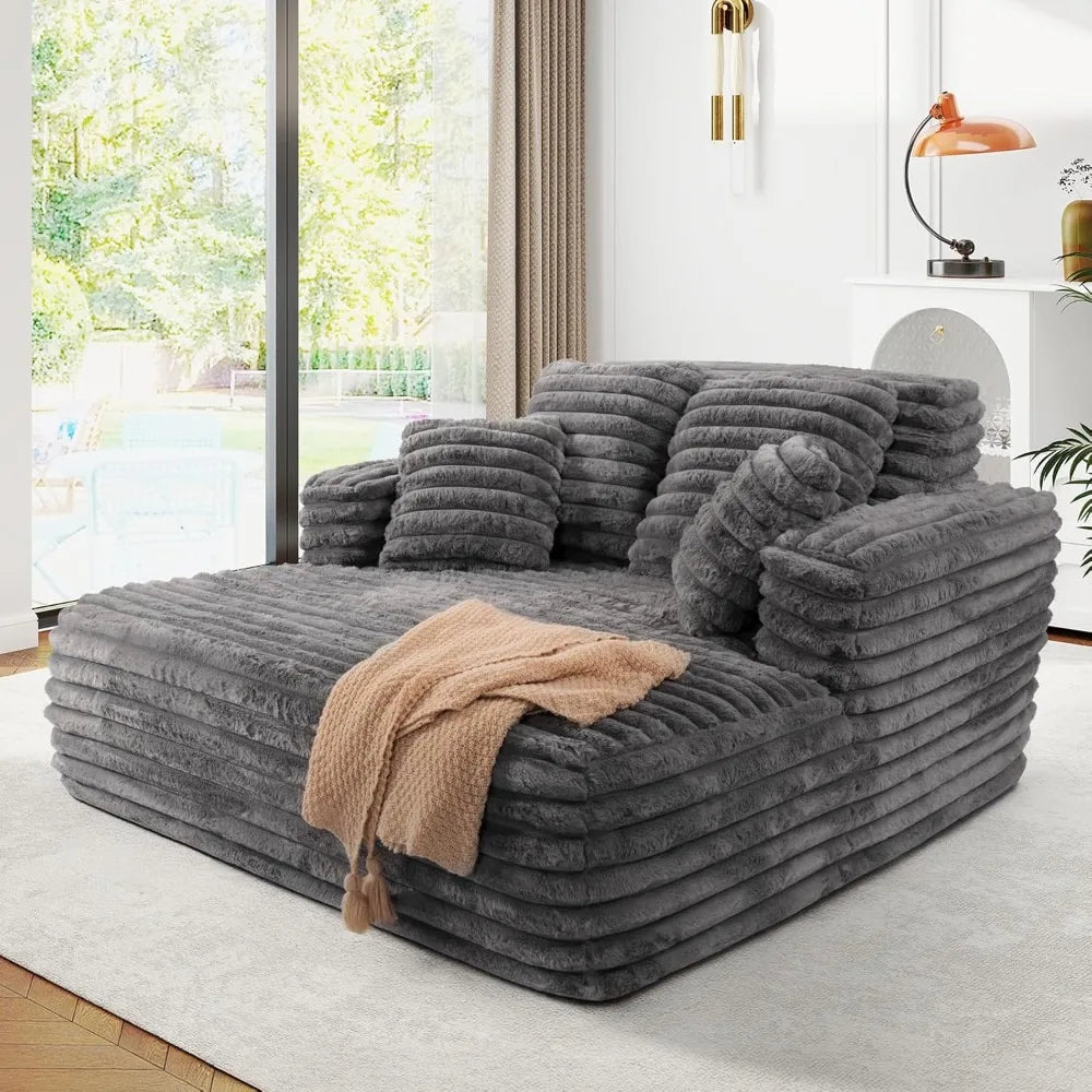 Oversized Faux Fur Chaise Lounge Sleeper Sofa with Pillows