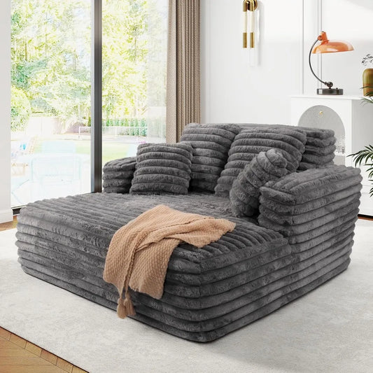Oversized Faux Fur Chaise Lounge Sleeper Sofa with Pillows