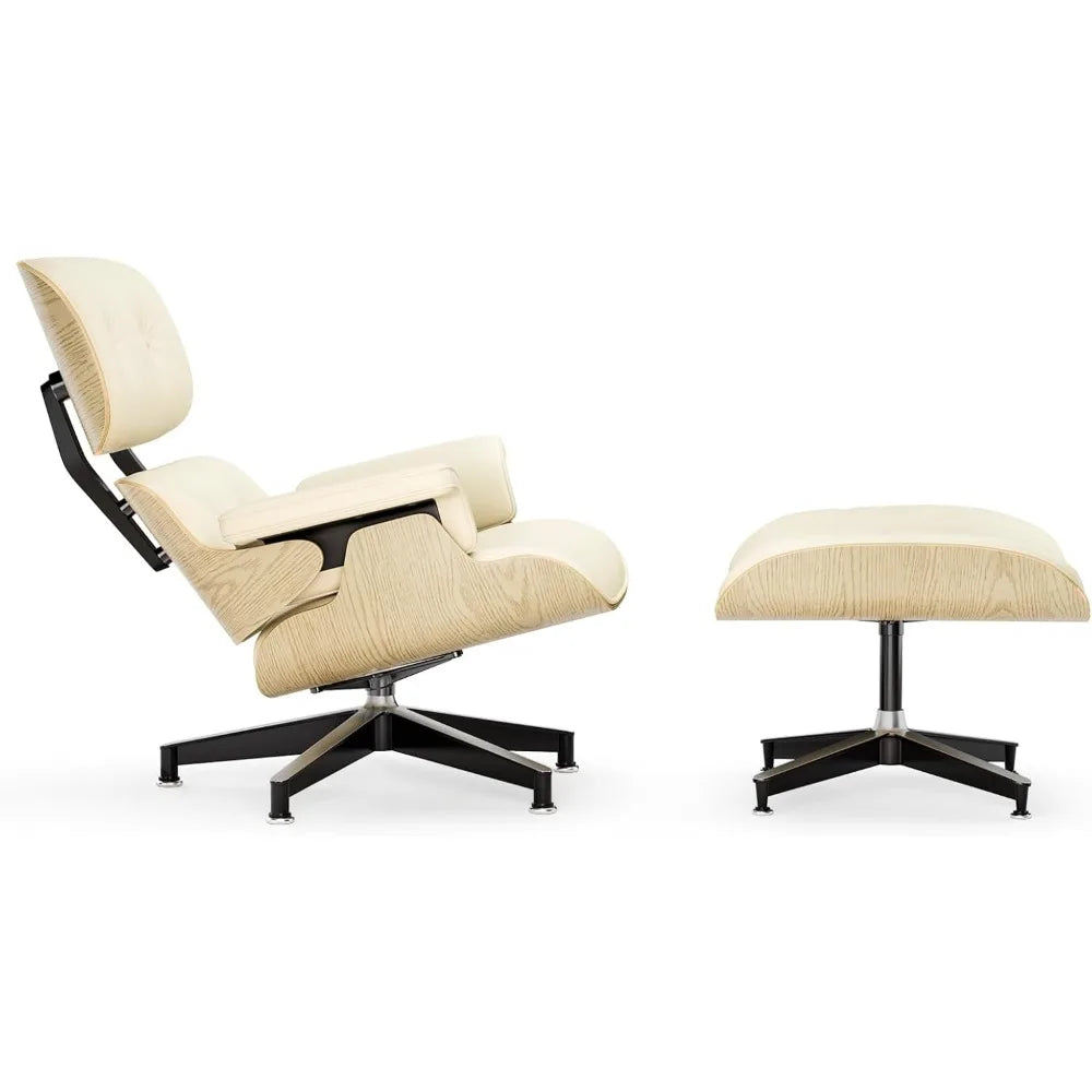 ZHUXIANG Grain Leather Mid Century Chaise Lounge Chair And Ottoman Ash Wood Base