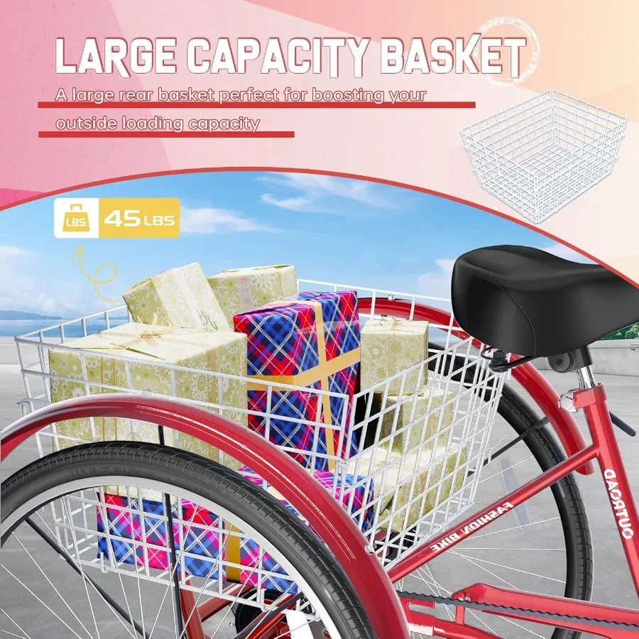 Universal Three Wheel Tricycle for Seniors with Basket