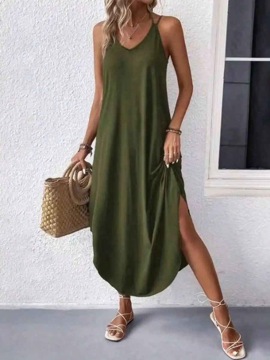 Sleeveless V Neck Maxi Dress With Side Slit Flowy Fit Casual Summer
