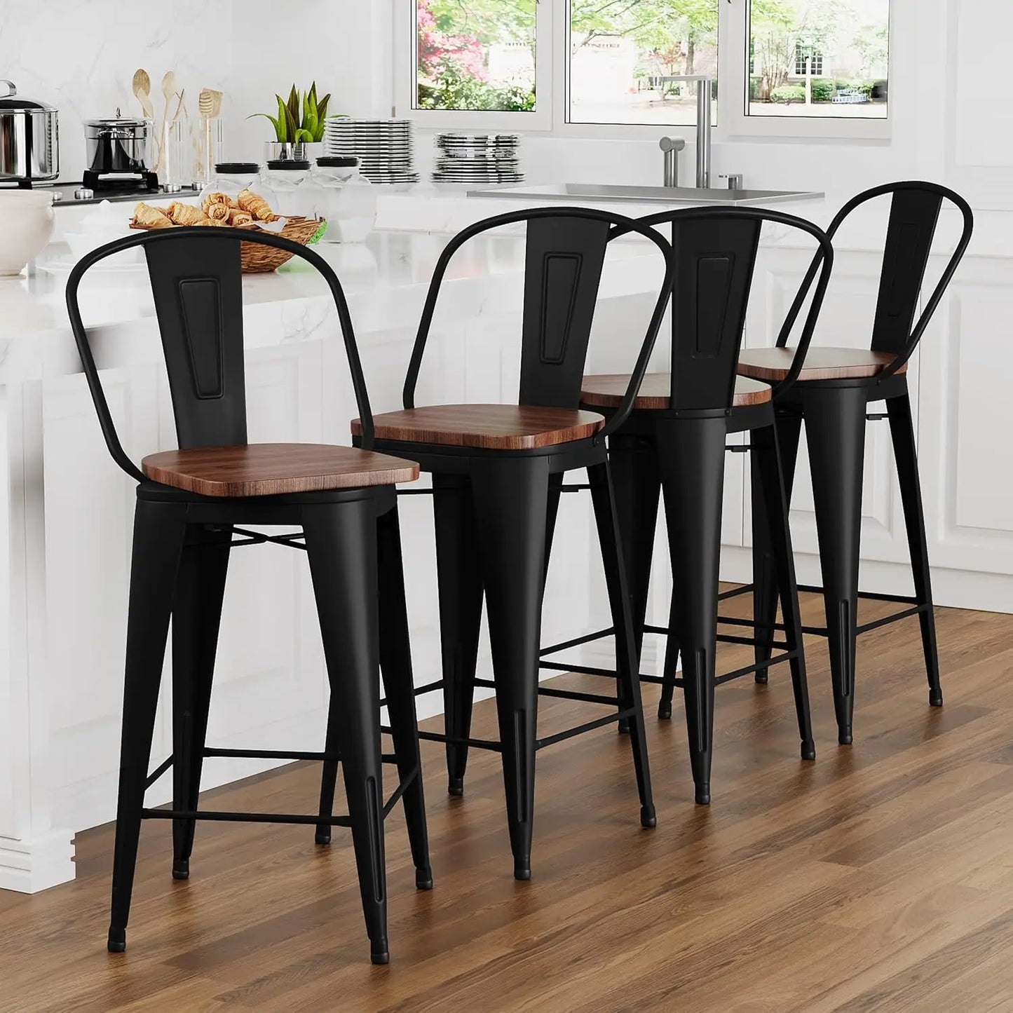 MOYU Swivel Metal Bar Stools Set 4 High Back Comfort
