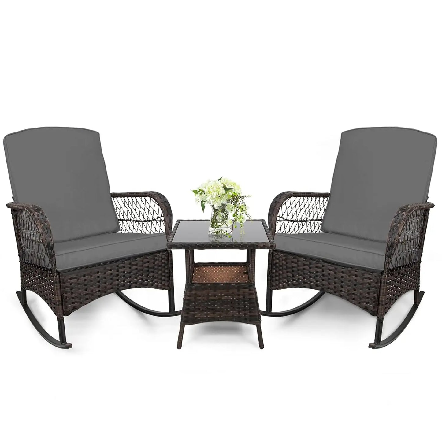 Outdoor Rocking Bistro Set With Glass Table PE Wicker 3-Piece