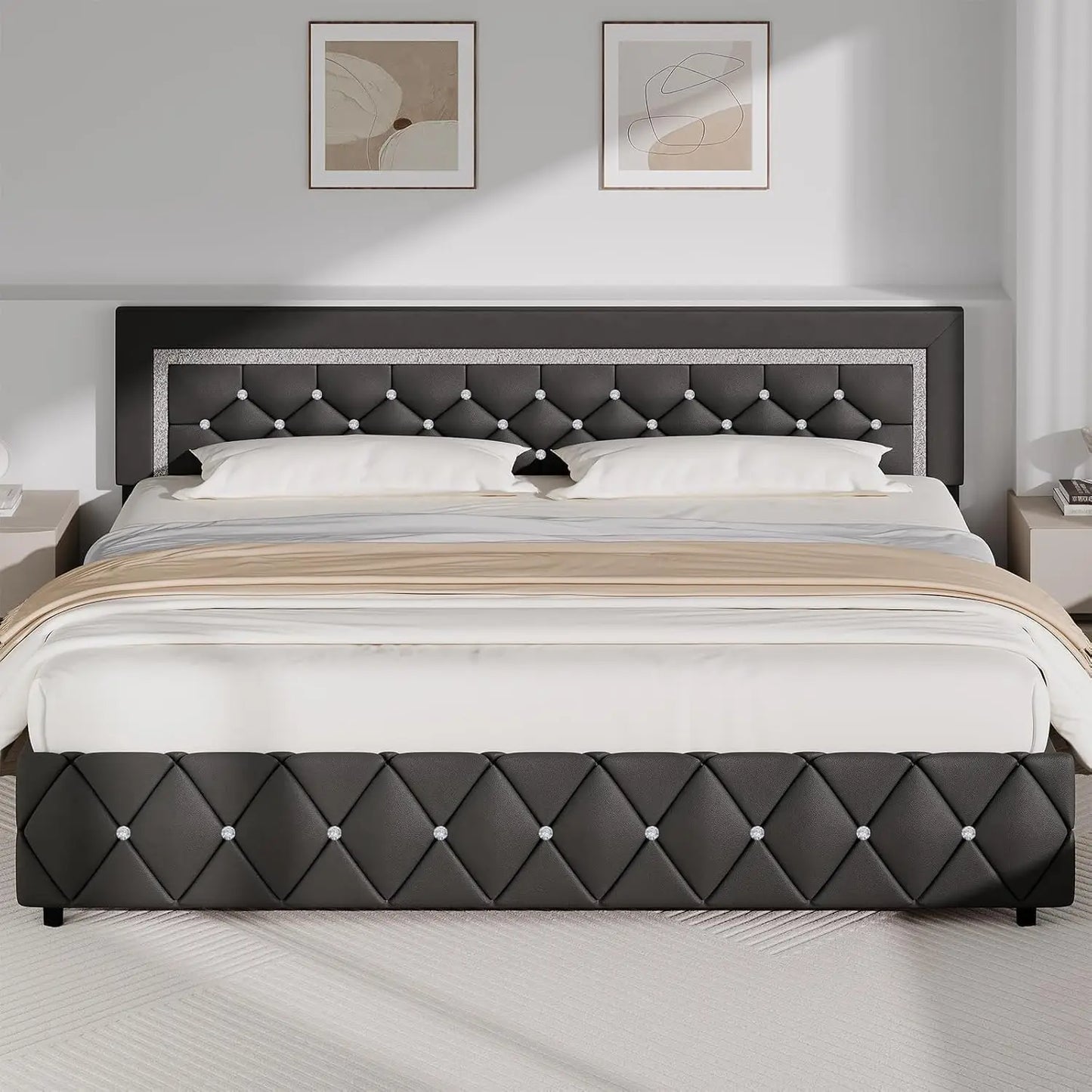 Guangbai Faux Leather Diamond Tufted Platform Bed Frame With Headboard