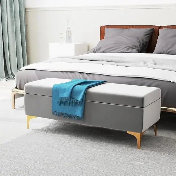 Velvet Upholstered Storage Bench With Ottoman For Bedroom