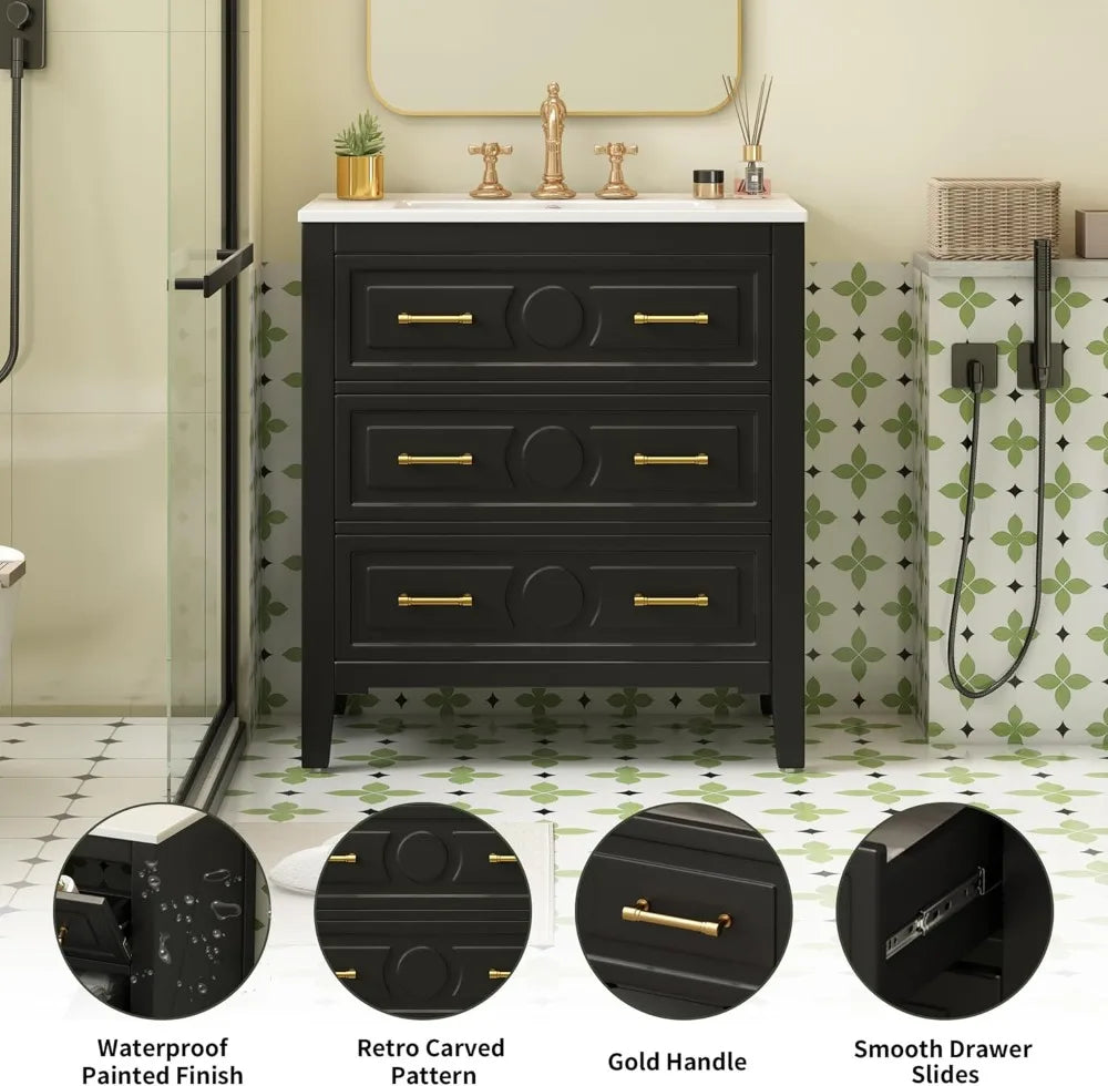 Oak Solid Wood Bathroom Vanity With Ceramic Sink And 3 Drawer Cabinet Gold Pulls