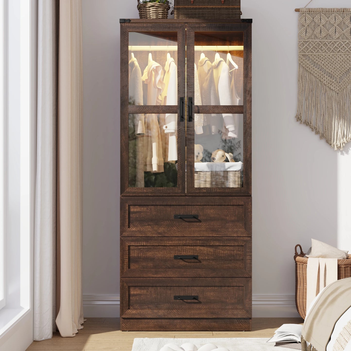 QiaoShiRen Farmhouse Armoire Wardrobe With LED Lighting Freestanding