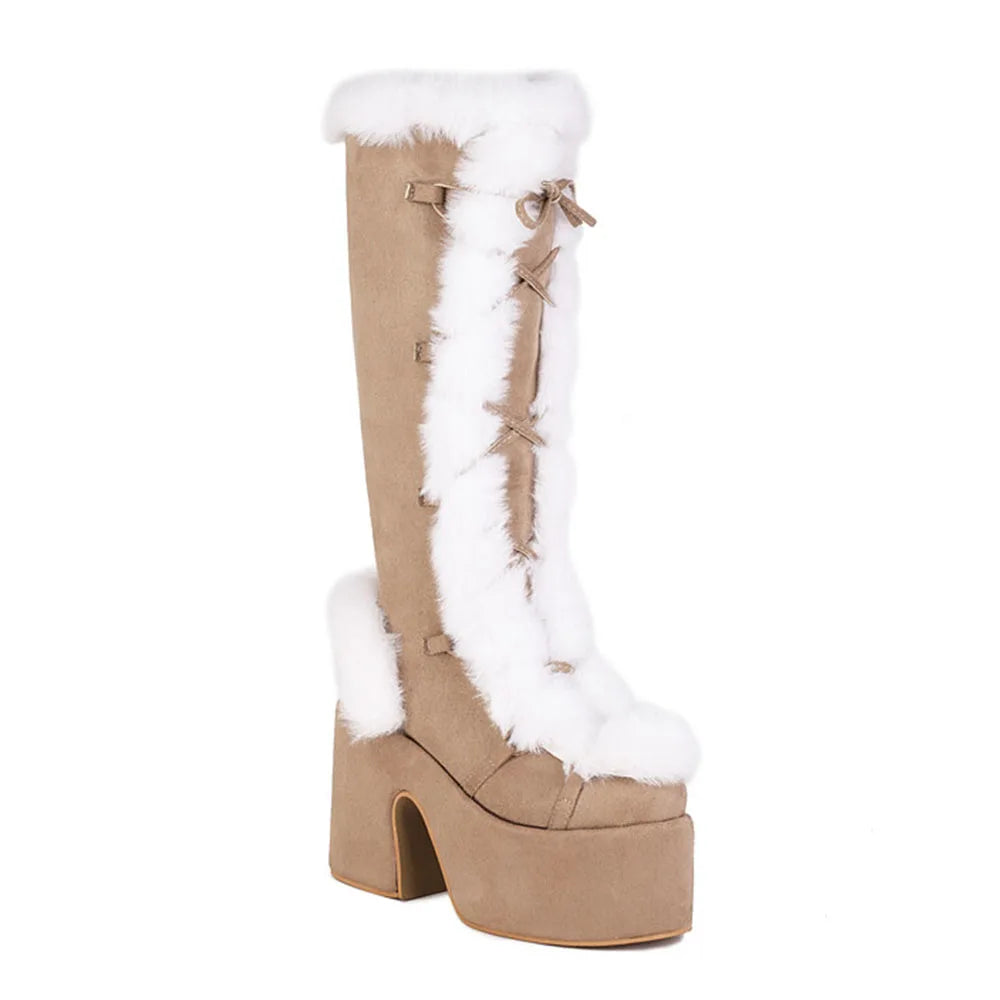 GIGIFOX Faux Fur And Faux Suede Platform Boots For Women