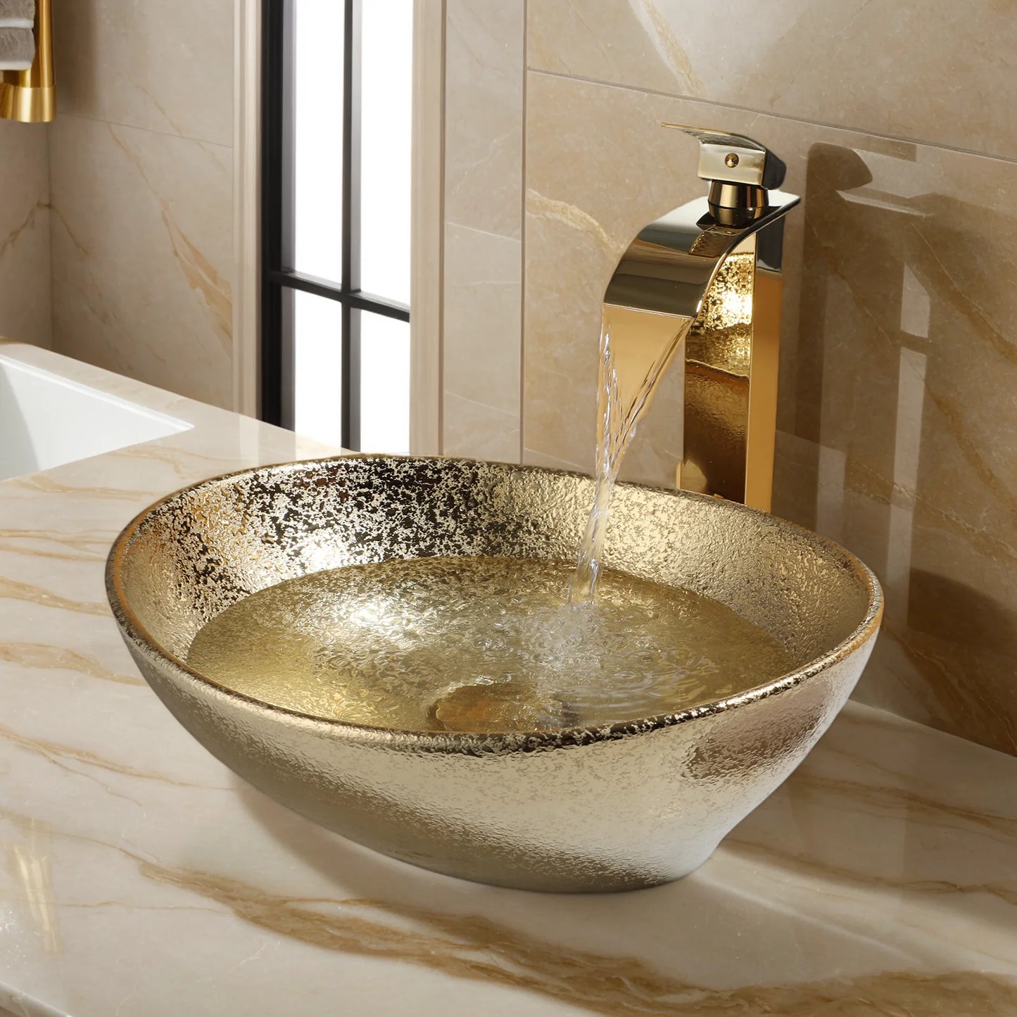 MEKKHALA Oval Vessel Sink With Faucet Marble Ceramic