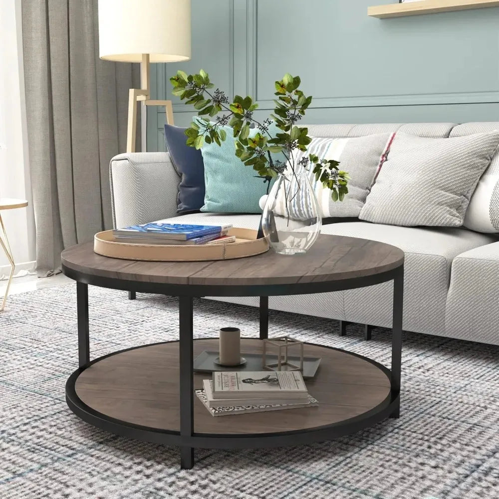 Round Coffee Table With Storage Shelf Wood Top Metal Legs