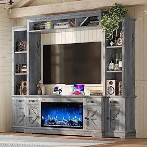 Farmhouse Entertainment Center With Fireplace TV Stand Bookshelf Wine Cabinet