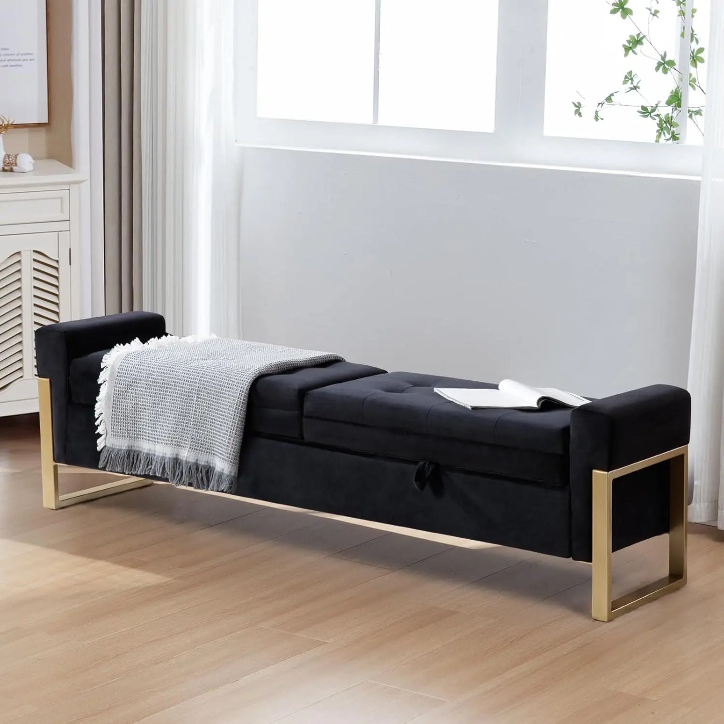 Bed End Storage Bench With Velvet Upholstery And Metal Legs