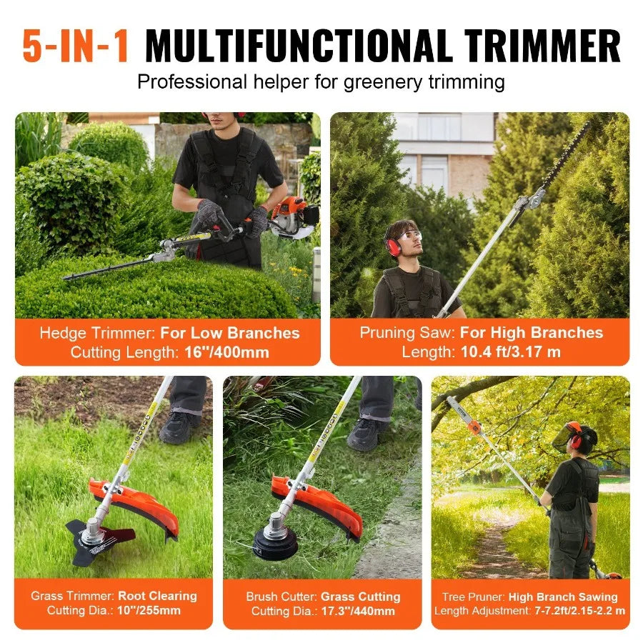 Hignconcerned 26cc 6in1 Gas Hedge Trimmer Multi Tool Weed Eater String Trimmer Brush Cutter Edger Pole Saw Chainsaw