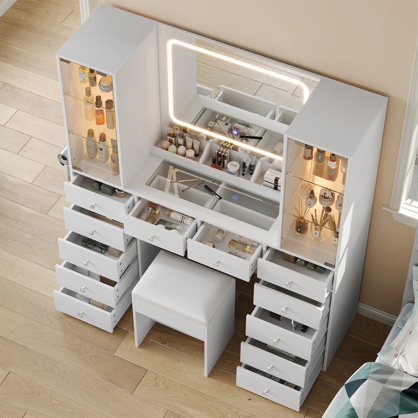 Wooden Vanity Desk With Mirror For Bedroom Makeup Station