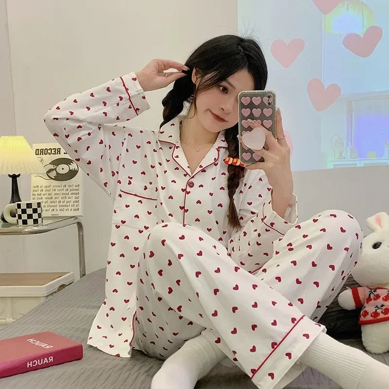 Korean Style Long Sleeve Pajama Set For Women Sleepwear Homewear