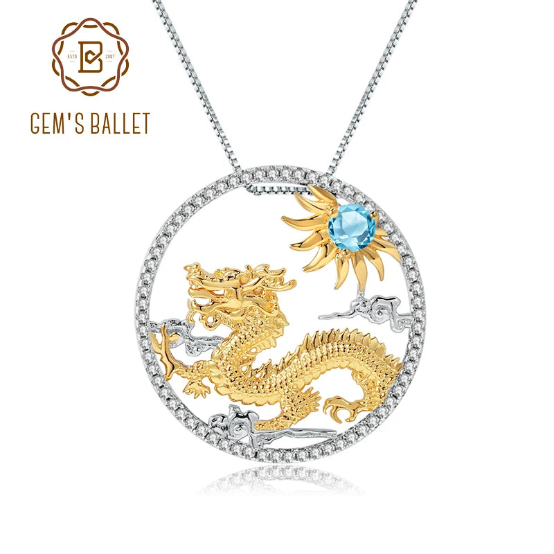 Gem's Ballet 925 Sterling Silver Dragon Pendant Necklace Topaz