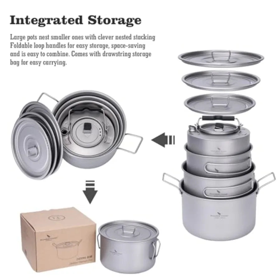 Titanium Camping Pots Set With Lids Foldable Handles Lightweight
