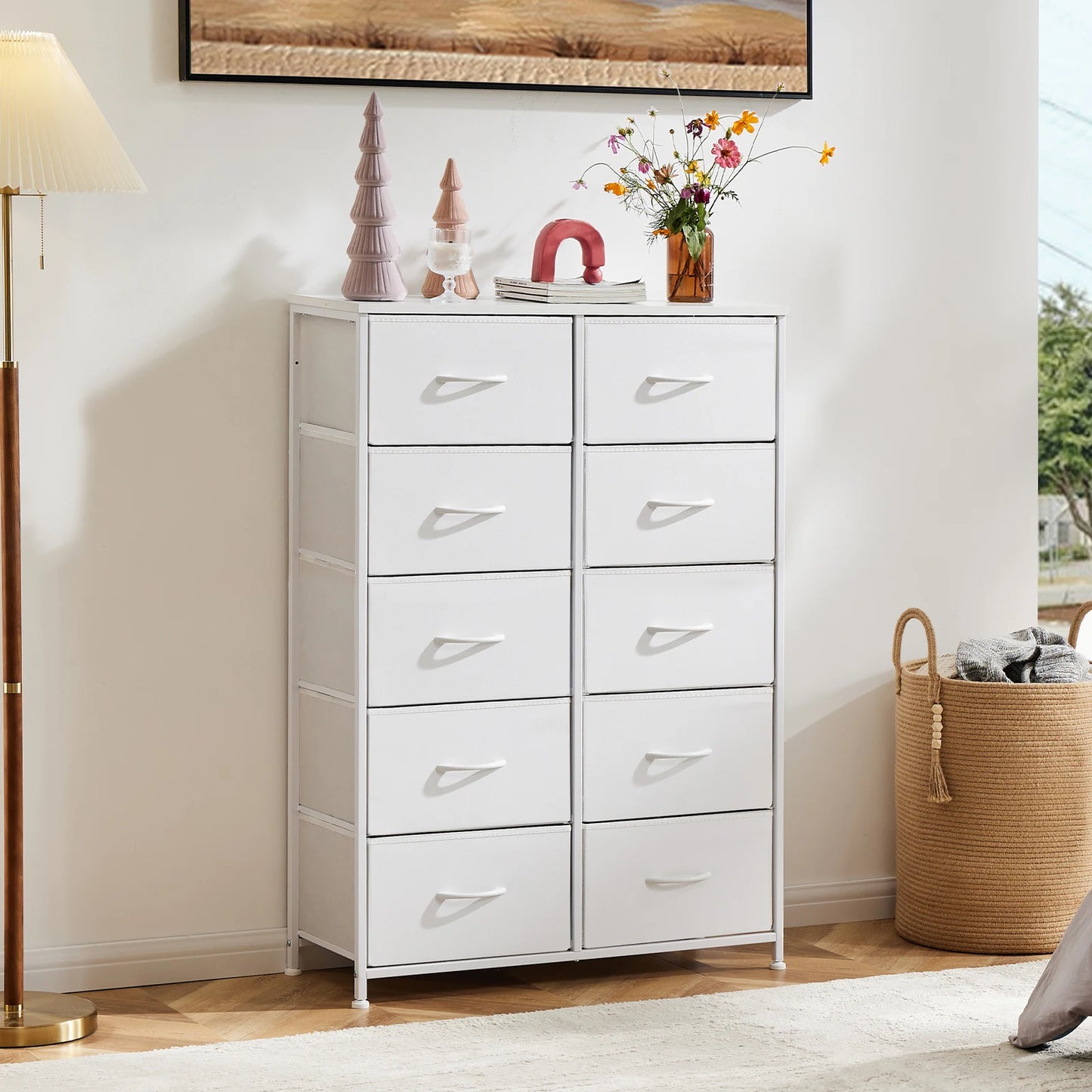 JHK Bedside Table With 10 Fabric Drawers Steel Frame Nightstand