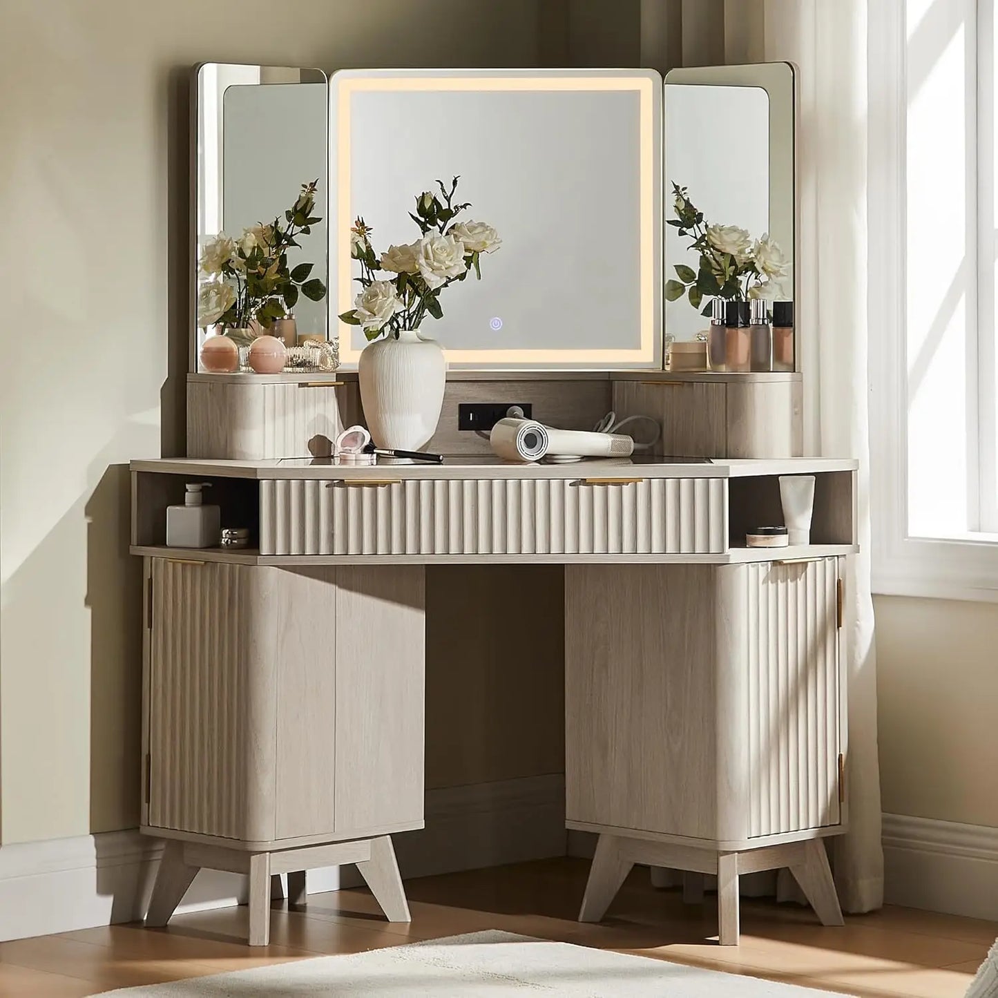 Fluted Makeup Vanity Desk With Three Way Mirror And Lights