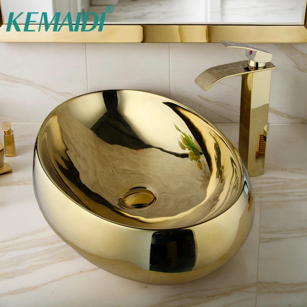 KEMAIDI Ceramic Vessel Sink With Waterfall Faucet Drain