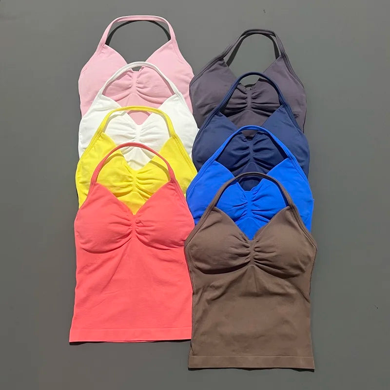 Women Gym Halter Top Longline Strappy Yoga Tank Removable Cups