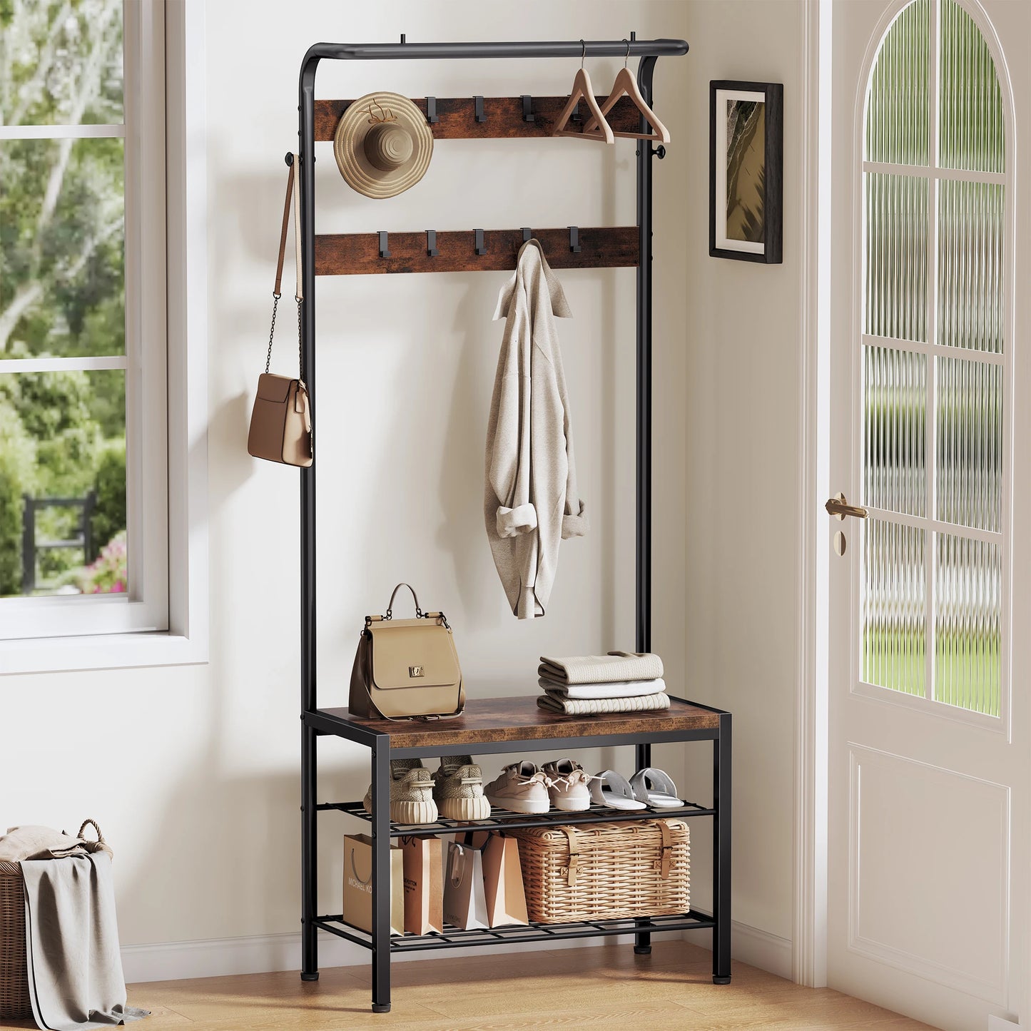 JHK 4-In-1 Coat Rack With Shoe Bench Storage Organization