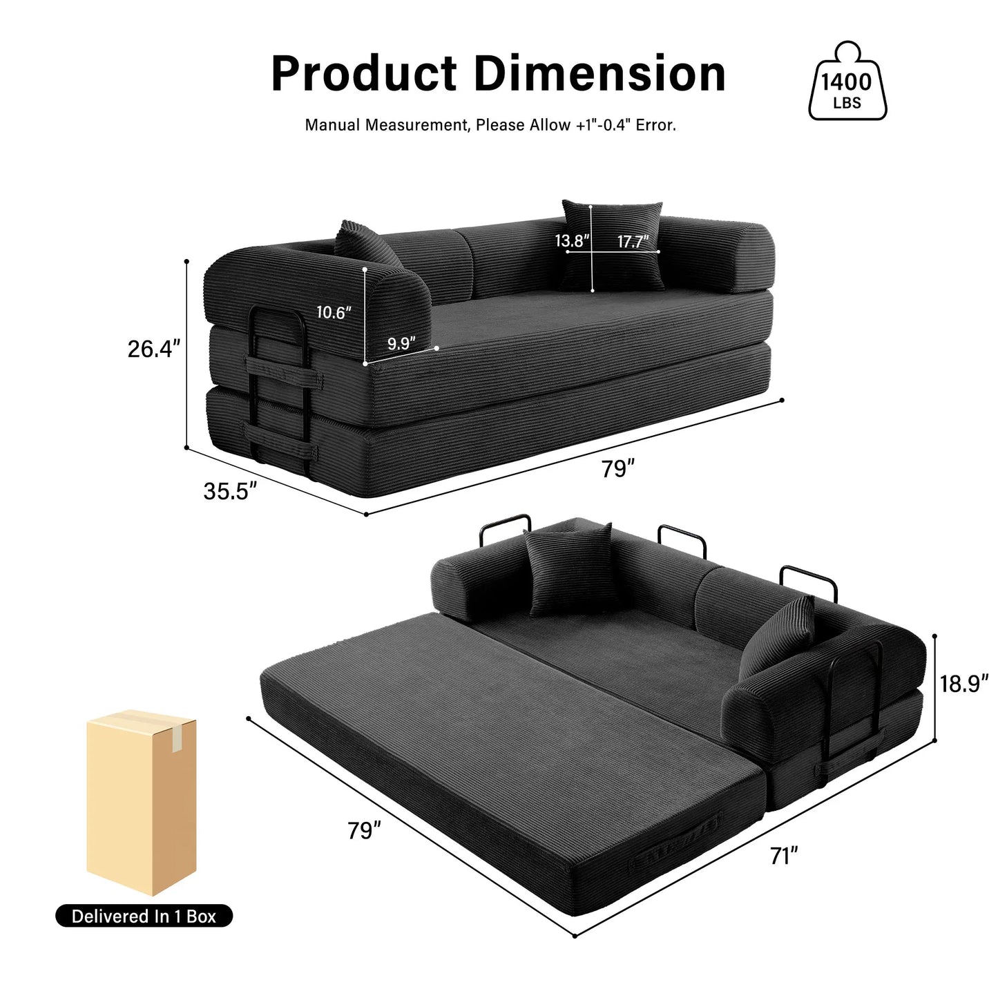 Foldable Convertible Futon Sofa Bed With L-Shaped Armrests Living Room