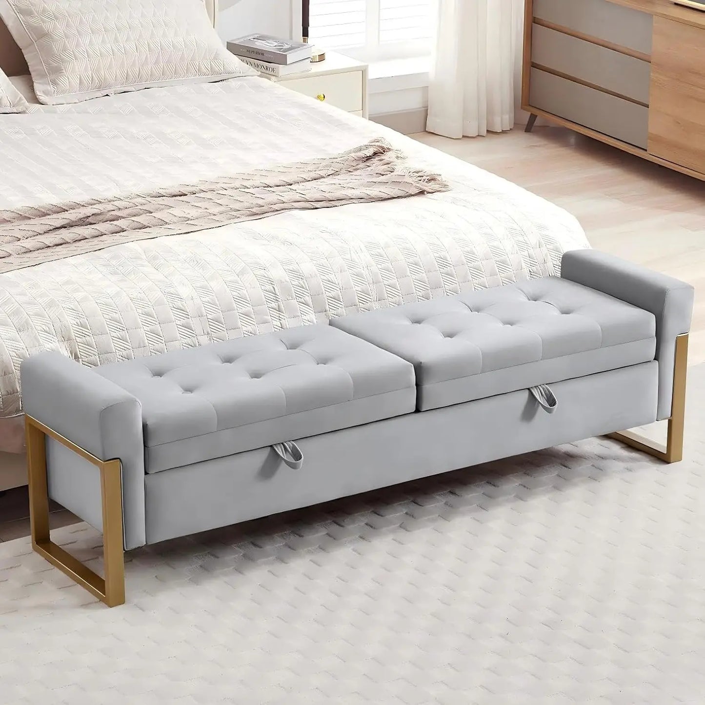 Bed End Storage Bench With Velvet Upholstery And Metal Legs