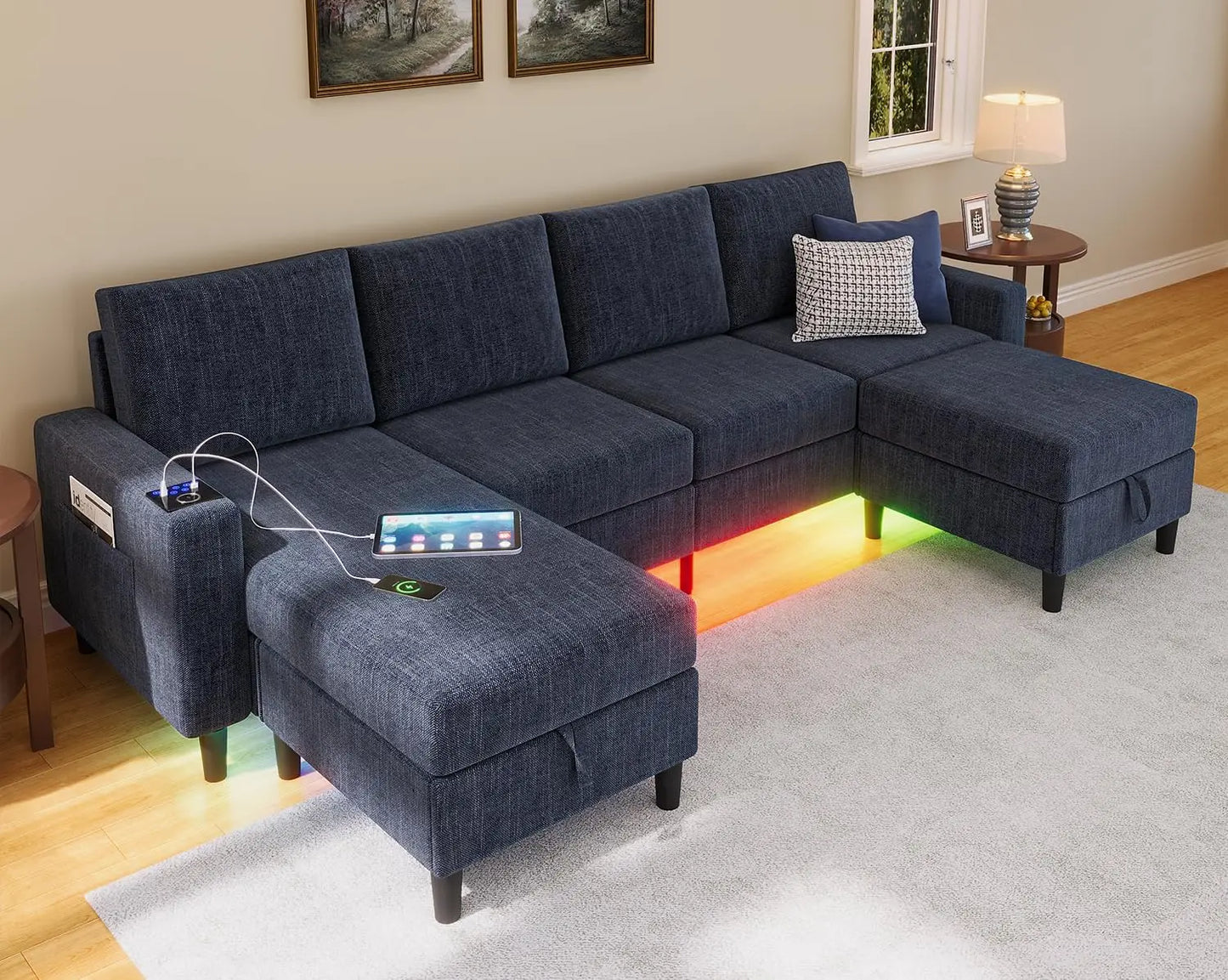 HUANZHUANG Smart Sectional Sofa With RGB Lighting And Charging
