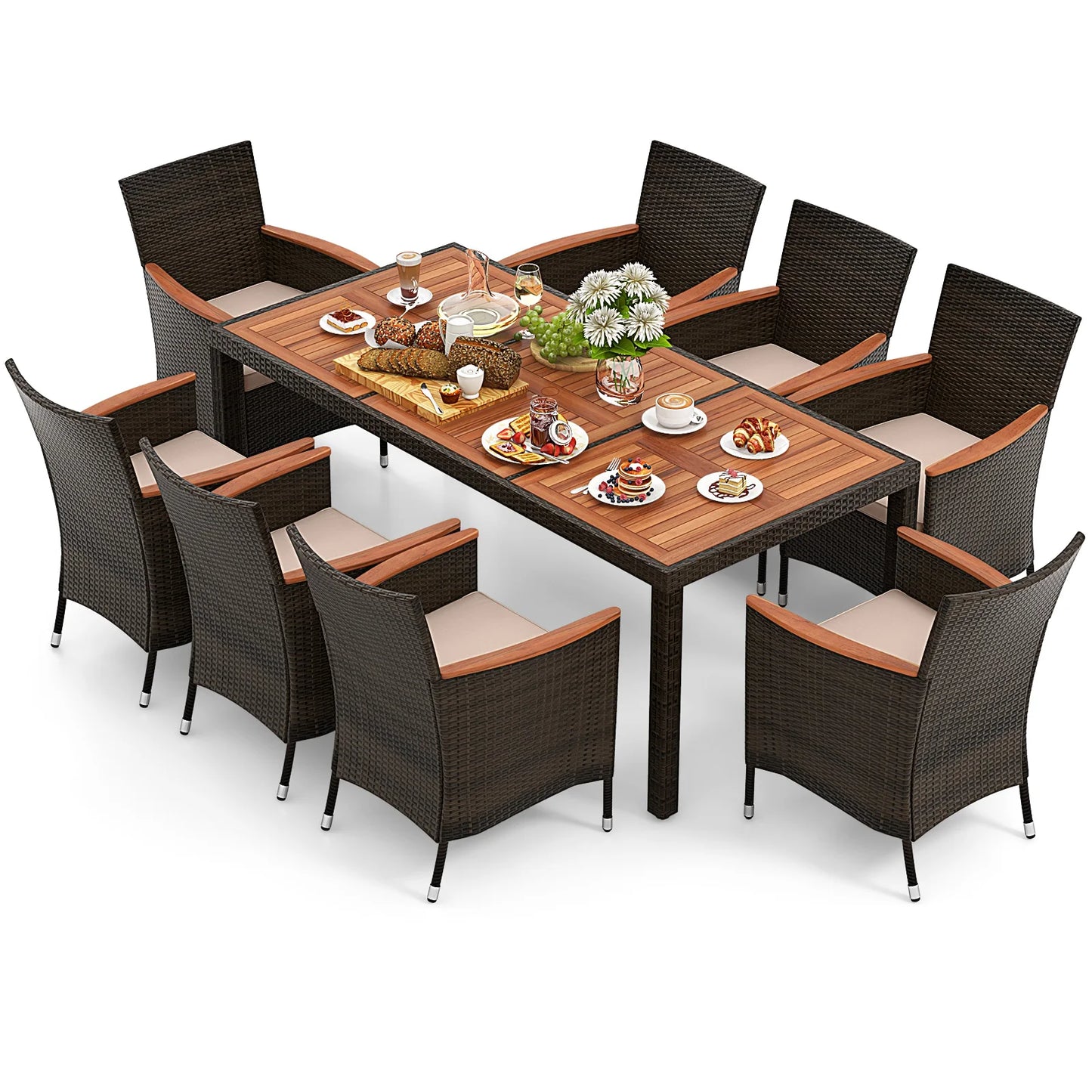 Homasis 9 Piece Patio Dining Set Wicker Chairs Acacia Table