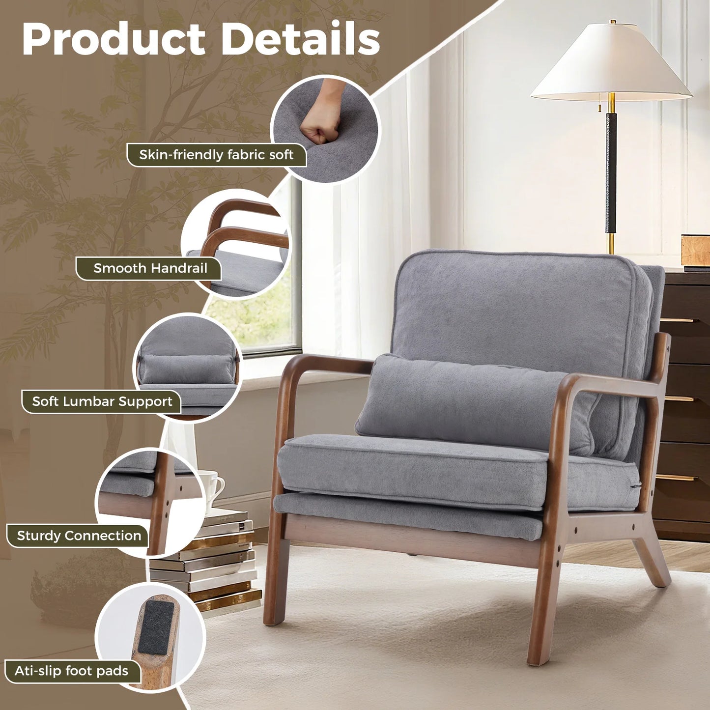 JHK Mid Century Modern Accent Chair With Solid Wooden Frame Arms Waist Cushion Reading Chair