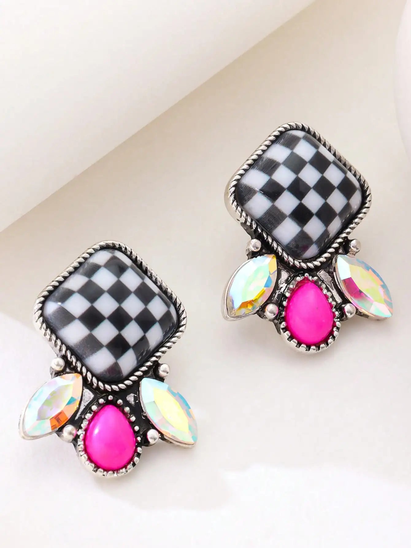 Checkerboard Stud Earrings With Iridescent Stones