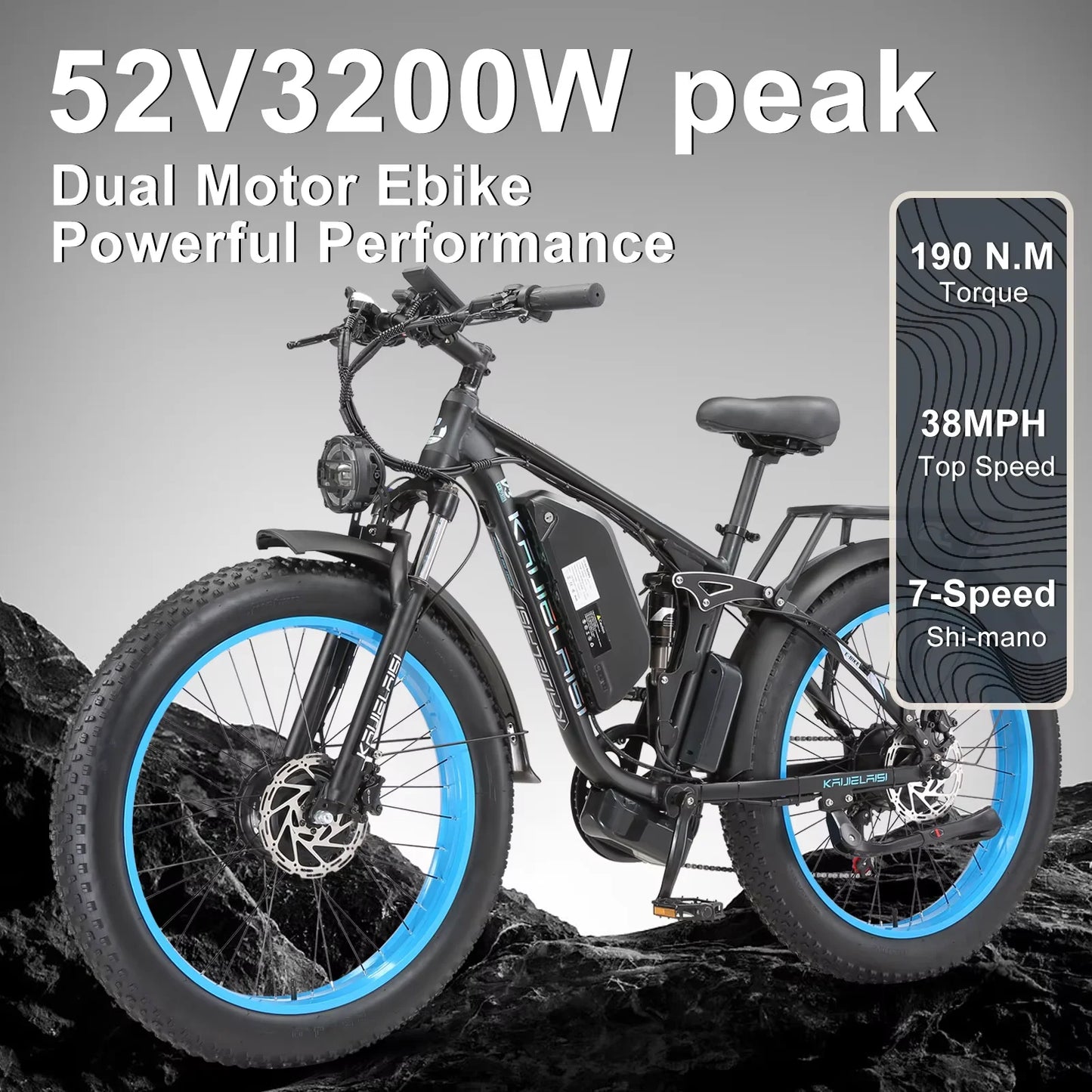 Electric Fat Bike 3000W Dual Motor 52V 26Ah Battery Off Road