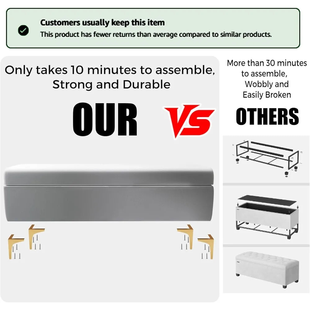 Velvet Upholstered Storage Bench With Ottoman For Bedroom