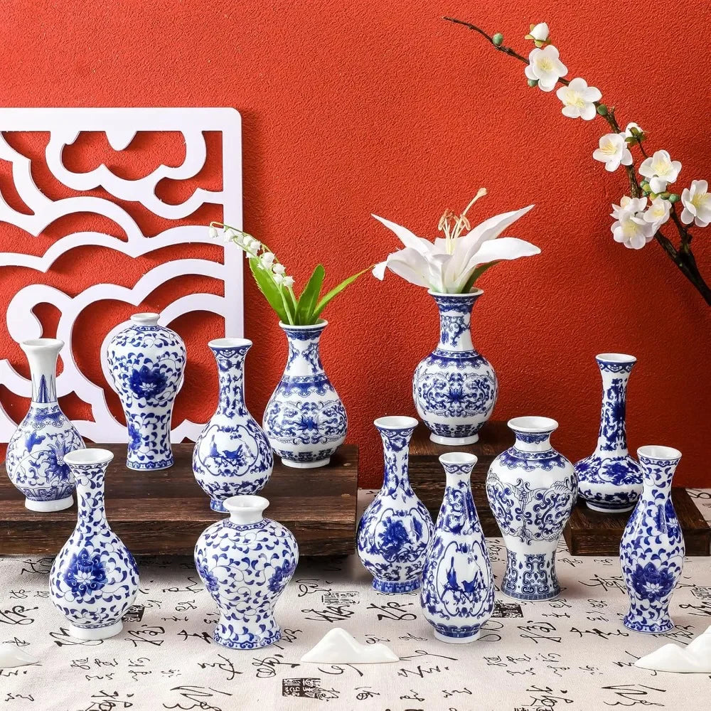 12 Piece Porcelain Vases Set In Classic Chinese Style Ceramic