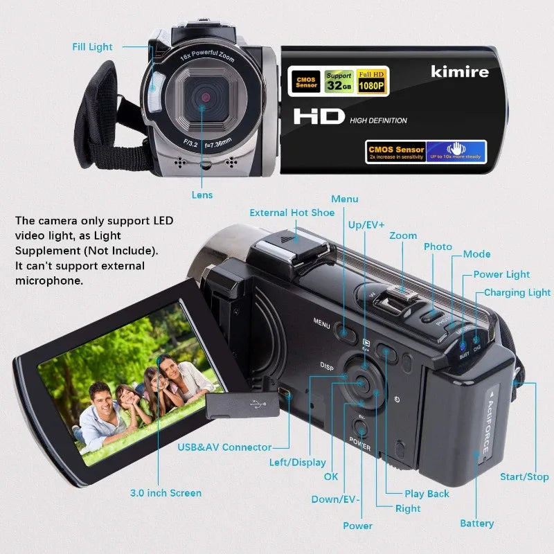 Camcorder Digital Camera Recorder Full HD 1080P 24MP LCD With 16x Digital Zoom Includes Two Batteries